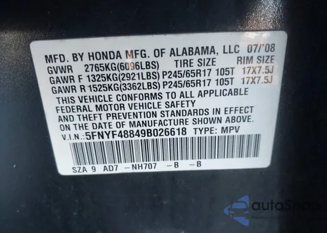 2009 Honda Pilot Touring z USA, uszkodzony, nr VIN 5FNYF48849B026618